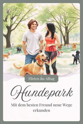 Charmante Flirtsituation im Hundepark mit Menschen, die sich über ihre Hunde kennenlernen