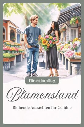Belebter Blumenstand mit freundlichem Flirt-Gespräch über Blumen während des Blumenkaufs
