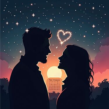 Zwei stilisierte Silhouetten eines Mannes und einer Frau, die einander lächelnd zugewandt sind, zwischen ihnen ein Herz aus leuchtenden Sternen und ein Kalender mit Flirt-Tagen