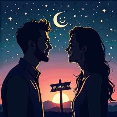 Zwei stilisierte Silhouetten eines Mannes und einer Frau, die einander lächelnd zugewandt sind, zwischen ihnen ein lächelnder Mond und ein Wegweiser mit Flirt-Strategien