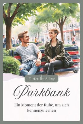 Entspannte Flirtsituation auf einer Parkbank im Frühling, zwei Personen beobachten die Umgebung