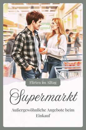 Flirtsituation im Supermarkt während des Einkaufs zwischen einem Mann und einer Frau