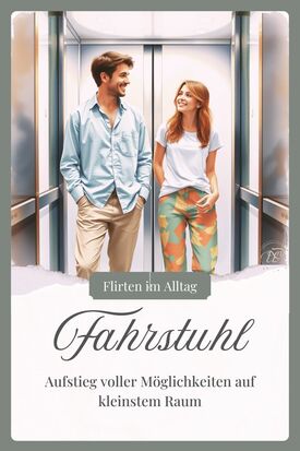 Freundliche Flirt-Begegnung im Fahrstuhl mit zwei Personen, die ein Lächeln austauschen