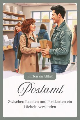 Freundlicher Flirt im Postamt beim Paketversand mit einem Mann und einer Frau