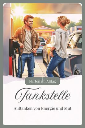 Fröhliche Flirtsituation an der Tankstelle zwischen den Zapfsäulen