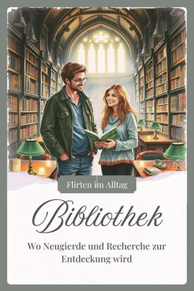 Charmante Flirtsituation in der Stadtbibliothek bei einer Recherche