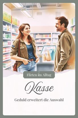 Charmantes Flirten beim Bezahlen an der Kasse im Drogeriemarkt